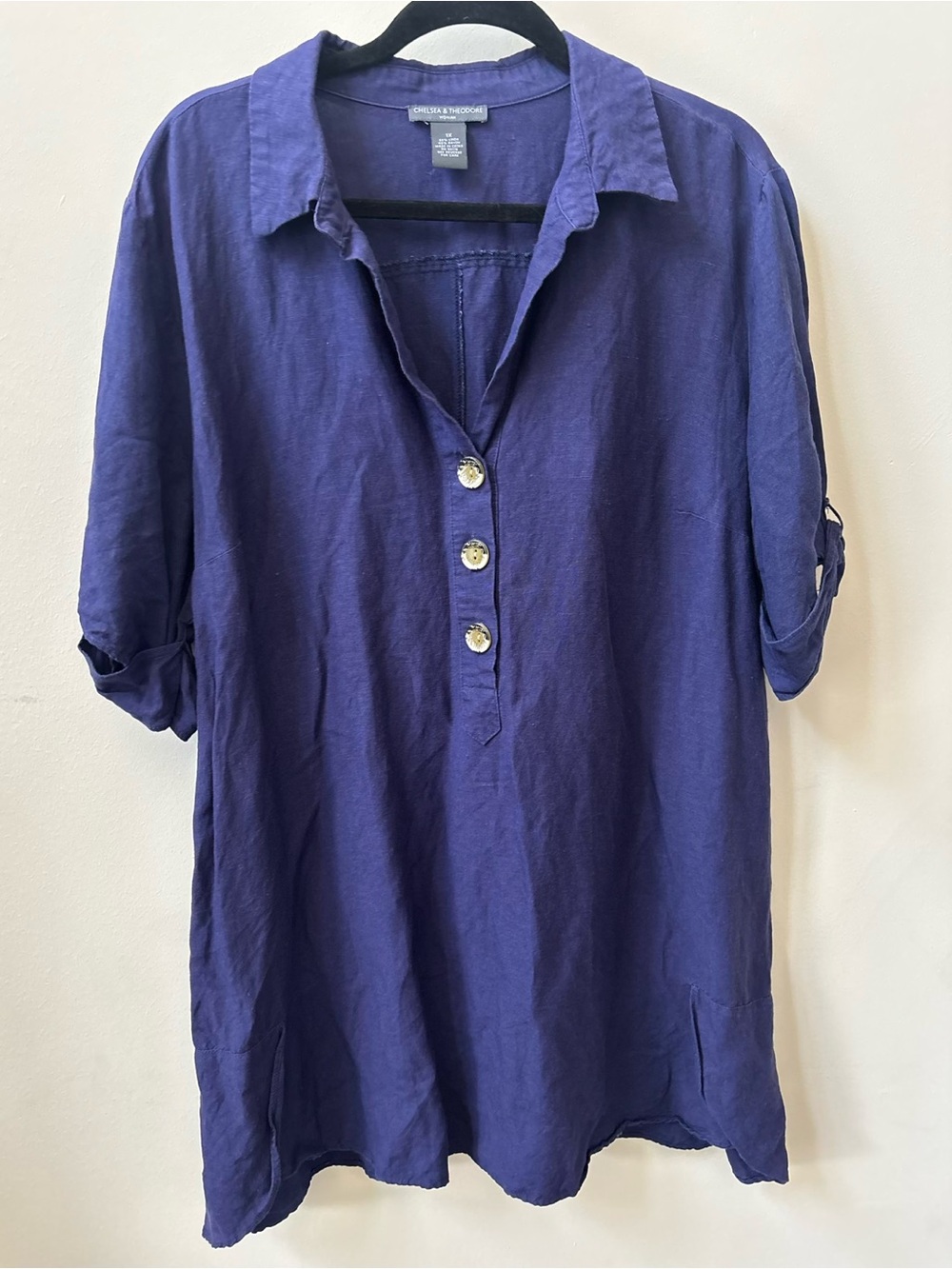 Chelsea & Theodore Linen Blend Roll Tab Sleeve Tunic Top Size OS